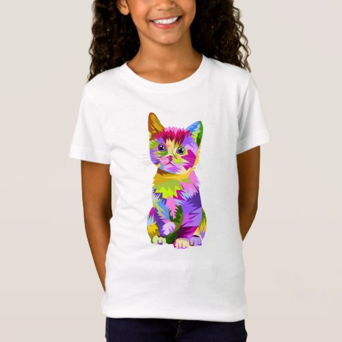 Geometric Color Filled Kitty Girls T_Shirt