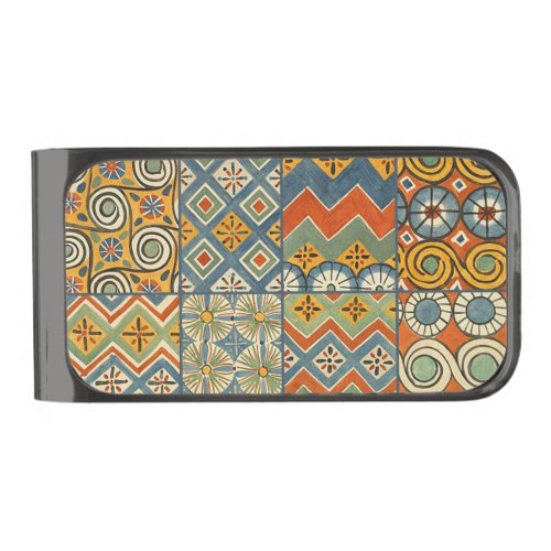 Geometric Colorful Antique Egyptian Graphic Art Gunmetal Finish Money Clip