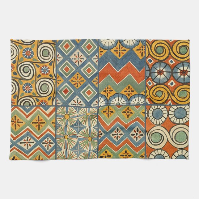 Geometric Colorful Antique Egyptian Graphic Art Kitchen Towel (Horizontal)