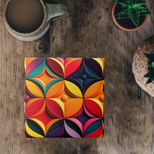 Geometric Colorful Floral Artwork Ceramic Tile