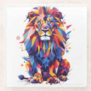 Geometric colorful lion design glass coaster