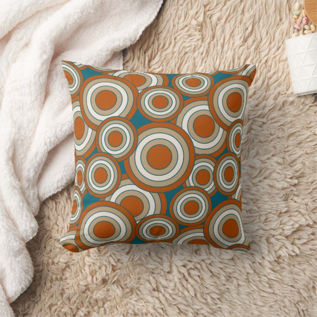 Geometric Concentric Circles, Rust, Teal, Tan Throw Pillow (Blanket)