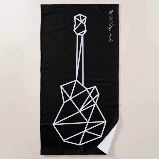 geometric cool music guitar on black beach towel (Front)