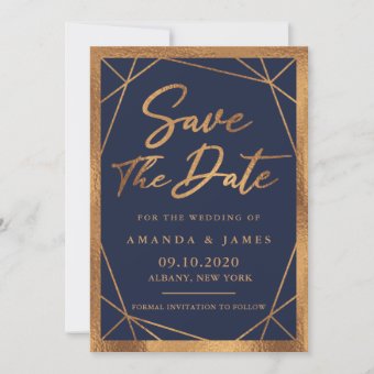 Geometric Cooper Gold And Navy Blue Save The Date Invitation | Zazzle