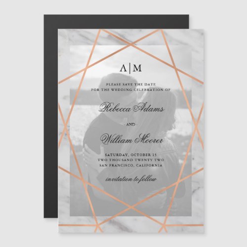 Geometric Copper and Marble  Photo Save The Date Magnetic Invitation