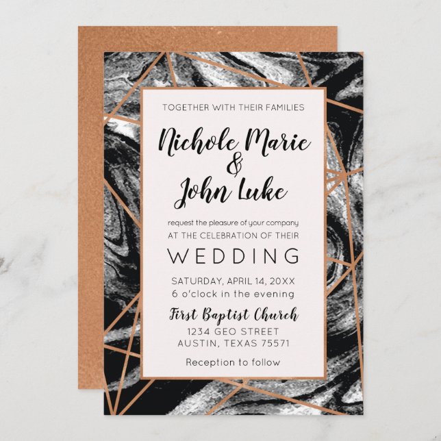 Geometric Copper Foil Watercolor Marble Invitation (Front/Back)