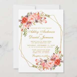 Geometric Coral Floral and Gold Wedding Invitation