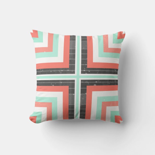 Geometric Coral & Mint Green Distressed Pattern Throw Pillow (Front)