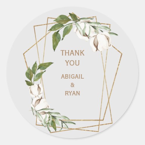 Geometric  Cotton Foliage Grey Wedding Thank You  Classic Round Sticker
