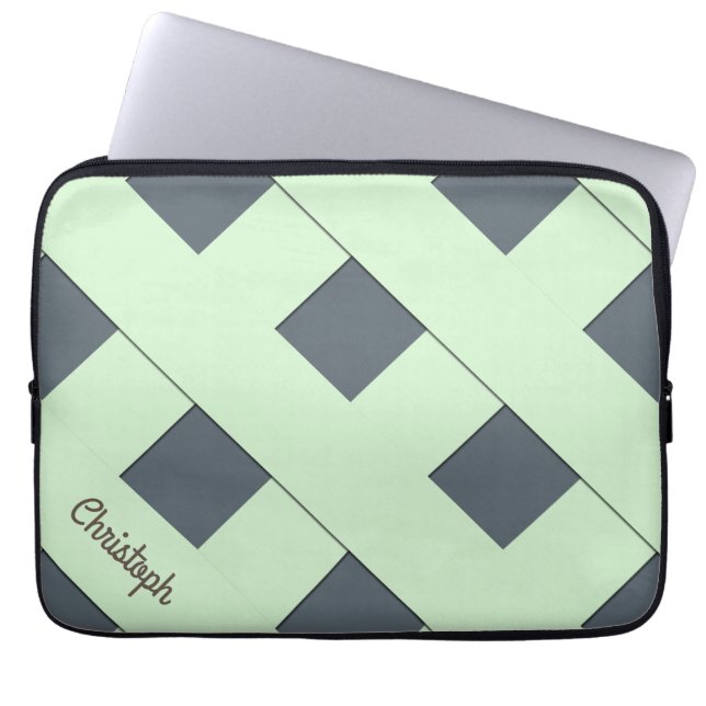 Geometric Crossing Pastel Green Lines with Name Laptop Sleeve (Front)