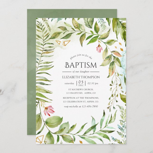 Geometric Crystal Greenery Baptism Invitation (Front/Back)