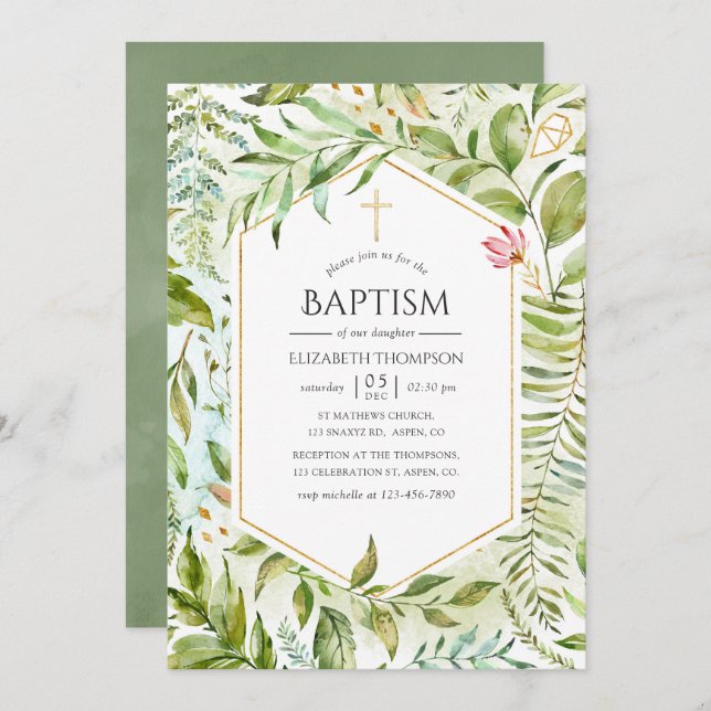 Geometric Crystal Greenery Baptism Invitation (Front/Back)