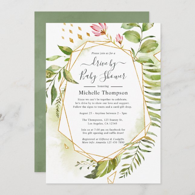 Geometric Crystal Greenery Drive By Shower Invitation (Front/Back)