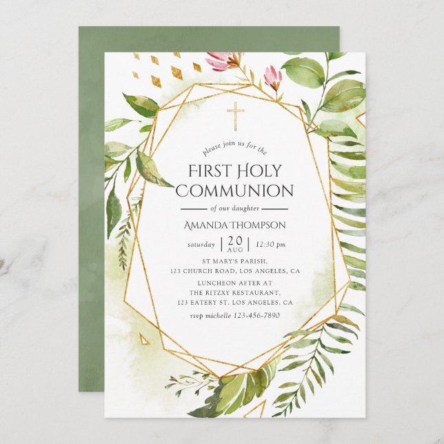 Geometric Crystal Greenery Holy Communion Invitation (Front/Back)
