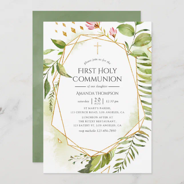 Geometric Crystal Greenery Holy Communion Invitation | Zazzle