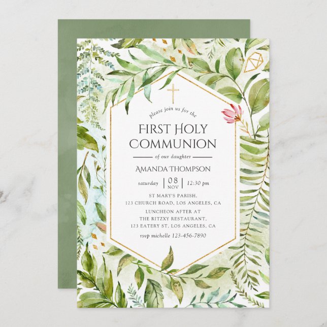 Geometric Crystal Greenery Holy Communion Invitation (Front/Back)