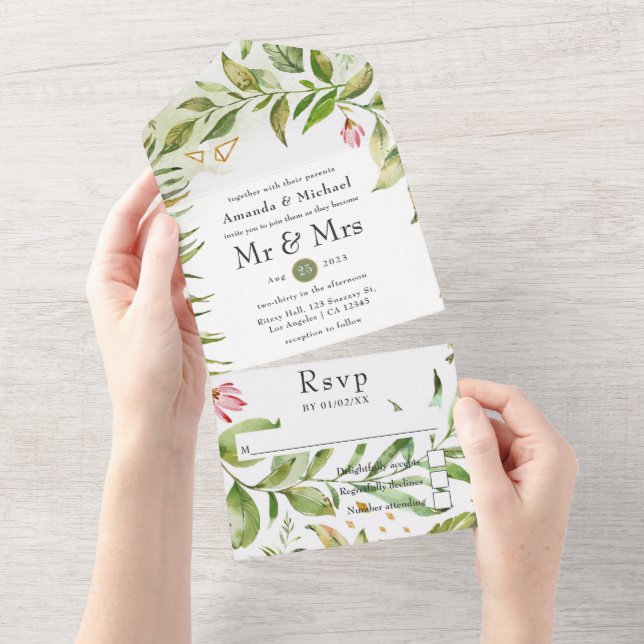 Geometric Crystal Greenery Monogram Wedding All In One Invitation (Tearaway)