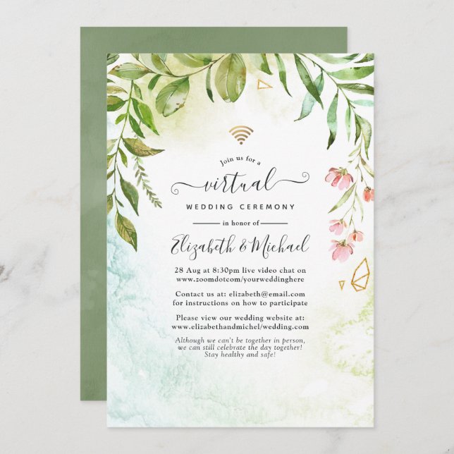 Geometric Crystal Greenery Online Virtual Wedding Invitation (Front/Back)