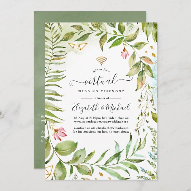 Geometric Crystal Greenery Online Virtual Wedding Invitation (Front/Back)