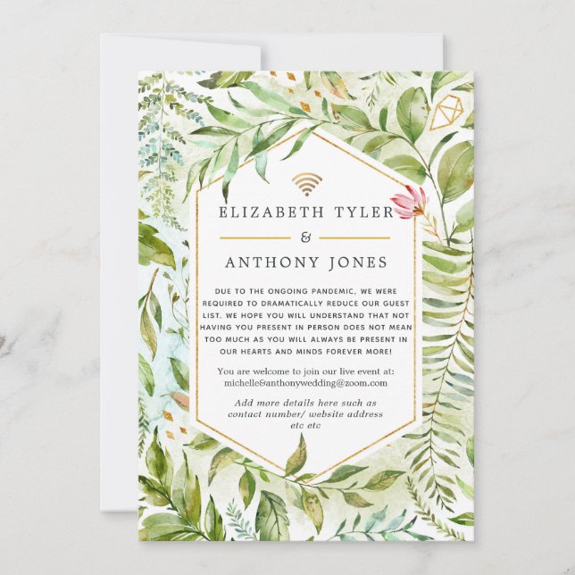 Geometric Crystal Greenery Virtual Wedding Announcement (Front)