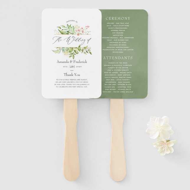 Geometric Crystal Greenery Wedding Program Hand Fan (Front and Back)