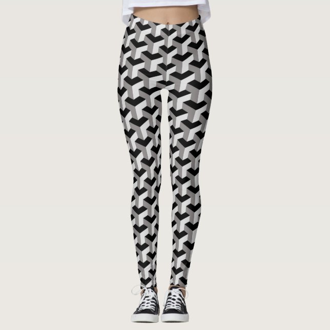 Geometric Cubes Optical Illusion Pattern Leggings (Front)