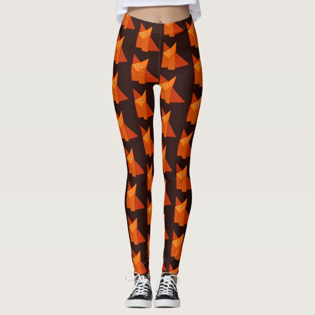 Geometric Cute Origami Fox Pattern Leggings (Front)