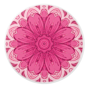 Geometric Daisy Pattern in Coral and Pastel Pink   Ceramic Knob