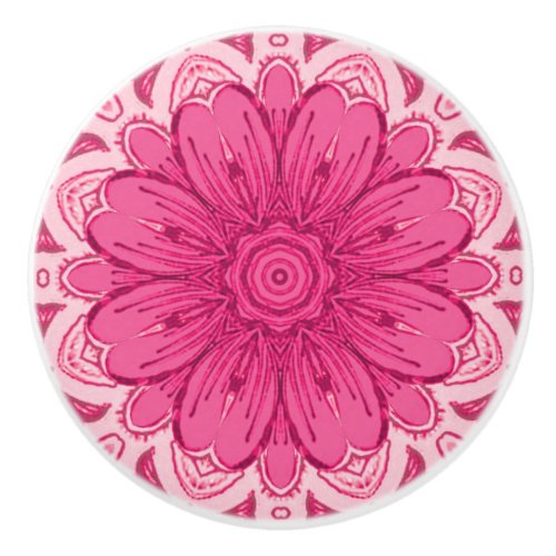 Geometric Daisy Pattern in Coral and Pastel Pink   Ceramic Knob