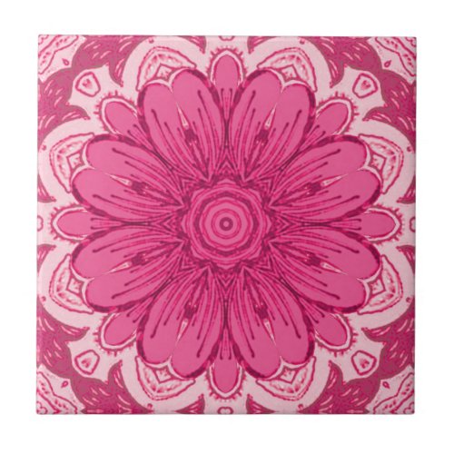 Geometric Daisy Pattern in Coral and Pastel Pink  Ceramic Tile