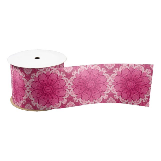 Geometric Daisy Pattern in Coral and Pastel Pink   Satin Ribbon (Spool)