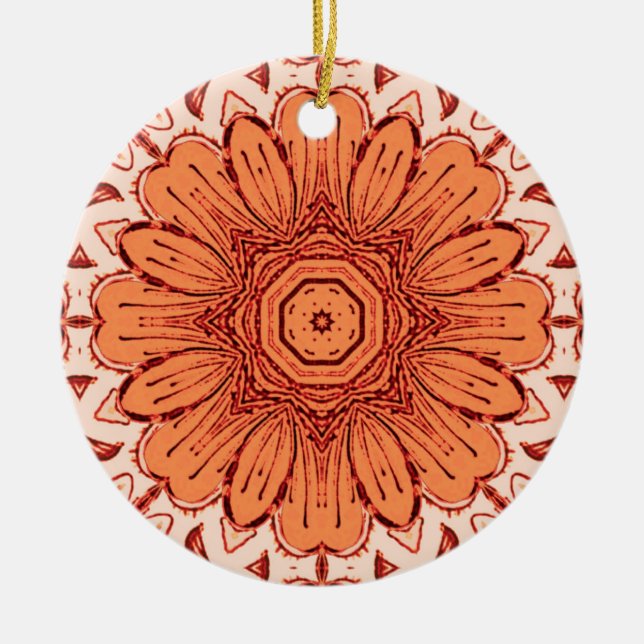 Geometric Daisy Pattern in Mandarin Orange  Cerami Ceramic Ornament (Front)