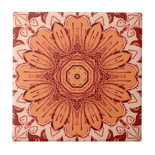 Geometric Daisy Pattern in Mandarin Orange  Ceramic Tile