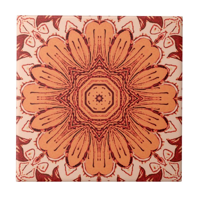 Geometric Daisy Pattern in Mandarin Orange  Ceramic Tile (Front)