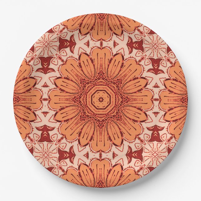 Geometric Daisy Pattern in Mandarin Orange  Paper Plates (Front)