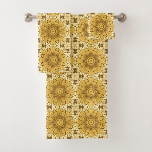 Geometric Daisy Pattern in Mustard Gold Bath Towel Set