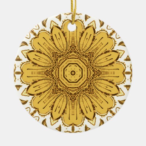 Geometric Daisy Pattern in Mustard Gold Ceramic Ornament
