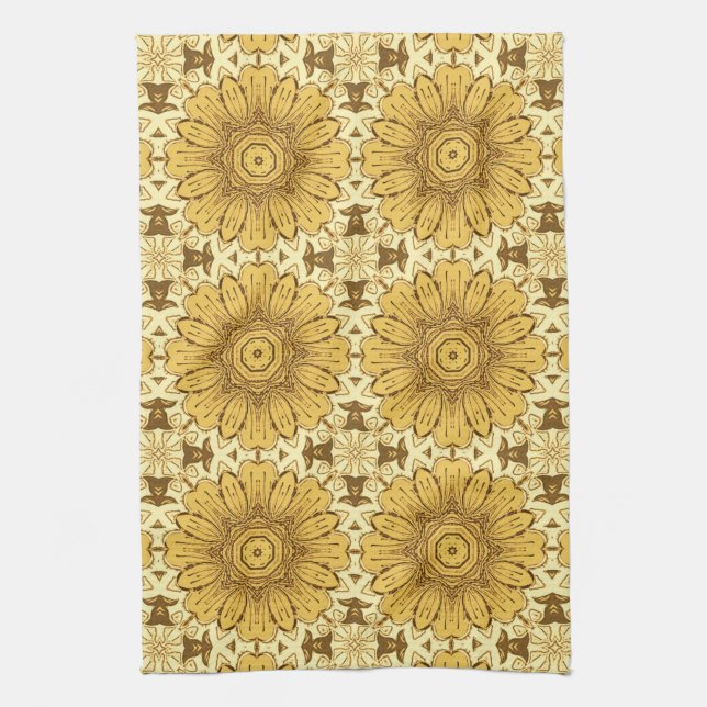 Geometric Daisy Pattern in Mustard Gold  Kitchen T Towel (Vertical)