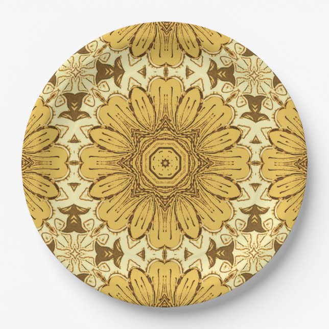 Geometric Daisy Pattern in Mustard Gold Paper Plates (Front)
