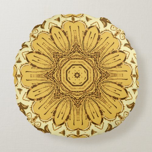 Geometric Daisy Pattern in Mustard Gold Round Pillow