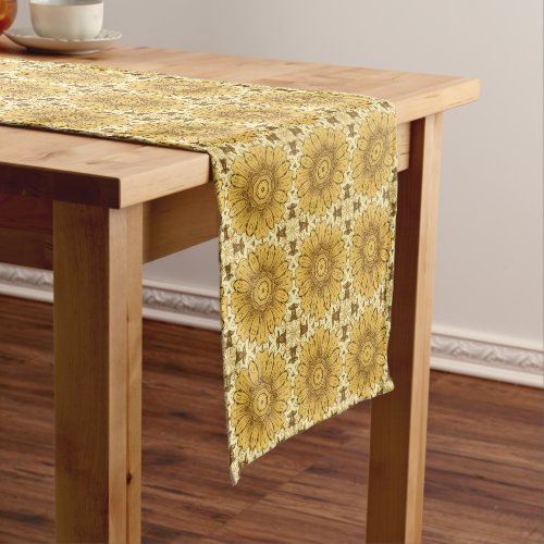 Geometric Daisy Pattern in Mustard Gold  Short Table Runner