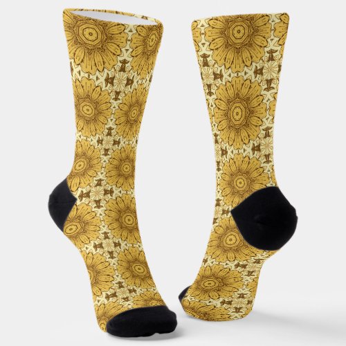 Geometric Daisy Pattern in Mustard Gold Socks