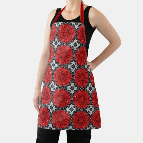 Geometric Daisy Pattern in Red Black  White Apron
