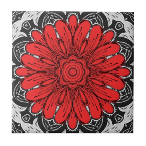 Geometric Daisy Pattern in Red Black  White    Ceramic Tile