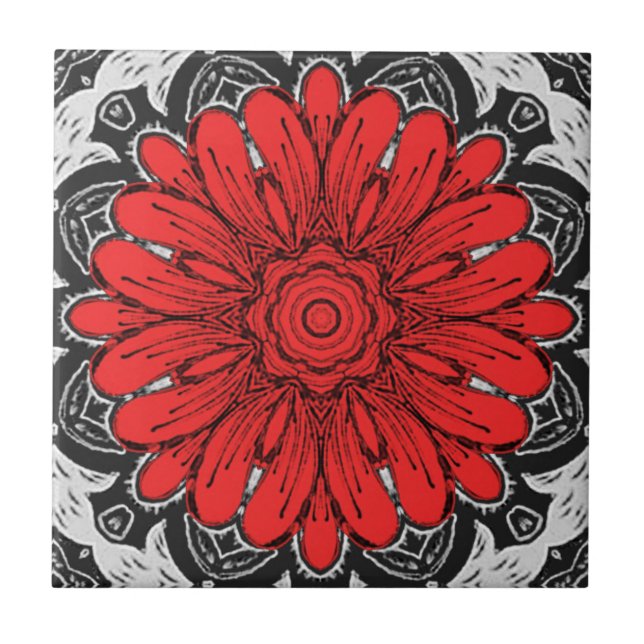 Geometric Daisy Pattern in Red Black & White    Ceramic Tile (Front)