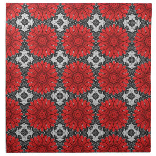 Geometric Daisy Pattern in Red Black & White Cloth Napkin