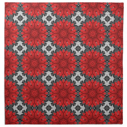 Geometric Daisy Pattern in Red Black  White    Cloth Napkin