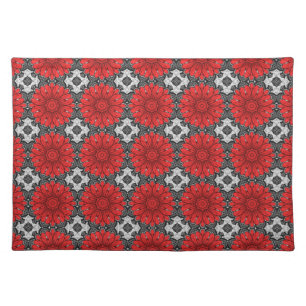 Geometric Daisy Pattern in Red Black & White    Cloth Placemat