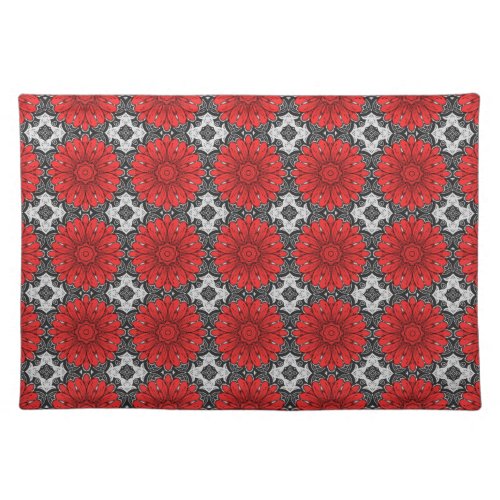 Geometric Daisy Pattern in Red Black  White    Cloth Placemat