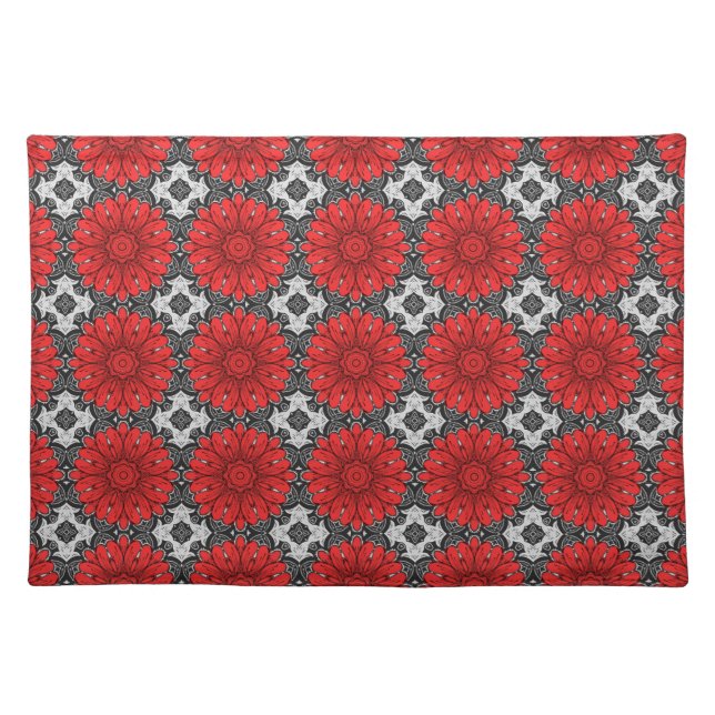 Geometric Daisy Pattern in Red Black & White    Cloth Placemat (Front)